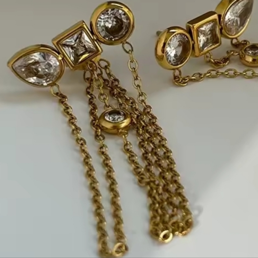 New Gold Triple Chain Bezel CZ Drop Earrings Gold Plated Set And Stones | NWOT - Picture 4 of 7